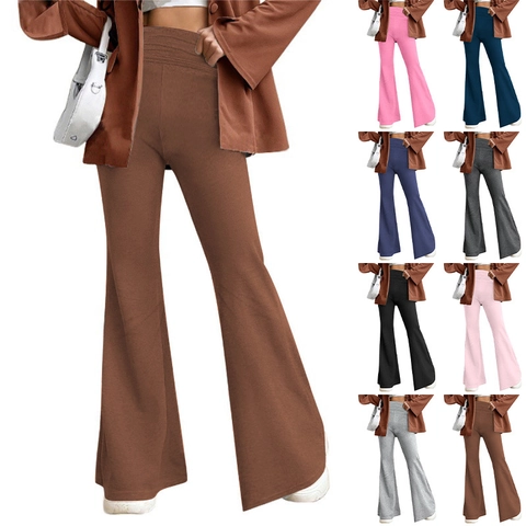 Women High Waist Flare Pants Elastic Slim Fit Polyester Spandex Solid Color Bell Bottom Leggings Casual Fashion Trousers