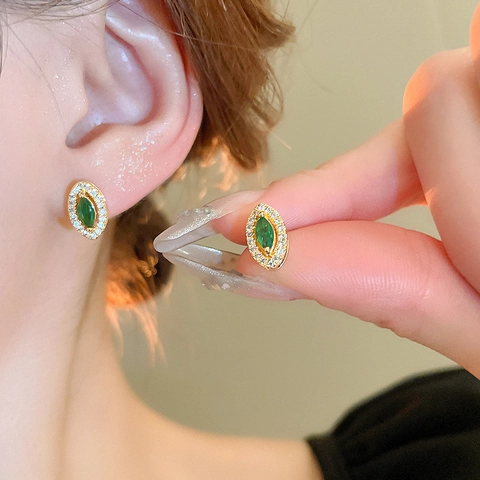 Vintage French Style Green Zircon Marquise Earrings With Silver Earring Post Copper Cubic Zirconia Jewelry For Women
