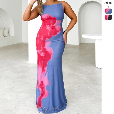 Floral Print Maxi Dress Spaghetti Strap Slim Fit Backless Summer Sexy Contrast Color Polyester Long Dress For Women