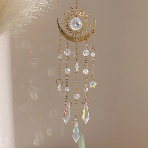 Κρύσταλλο Sun Catcher Χρυσό Μεταλλικό Φεγγάρι Ήλιος Αστέρια Κρεμαστό Διακοσμητικό Rainbow Maker Για Παράθυρο Κήπο Boho