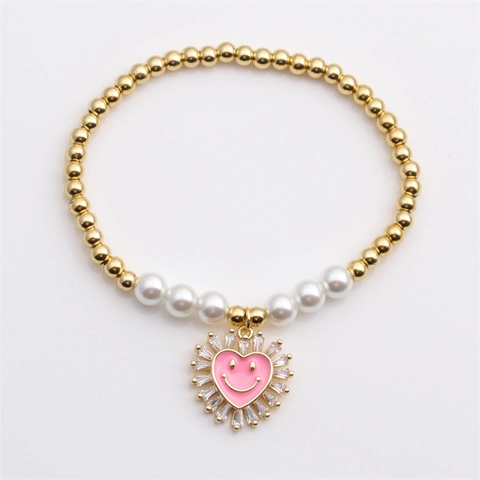 Elastic Beaded Bracelet Copper Artificial Pearl Zircon Heart Smiling Face Pendant Fashion Bohemian Jewelry For Women Daily Wear