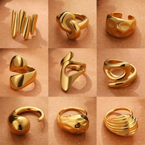 Anillos Abiertos De Cobre Chapados En Oro De 18K Geométrico Irregular Gota De Agua Nudo Diseño Minimalista Joyería