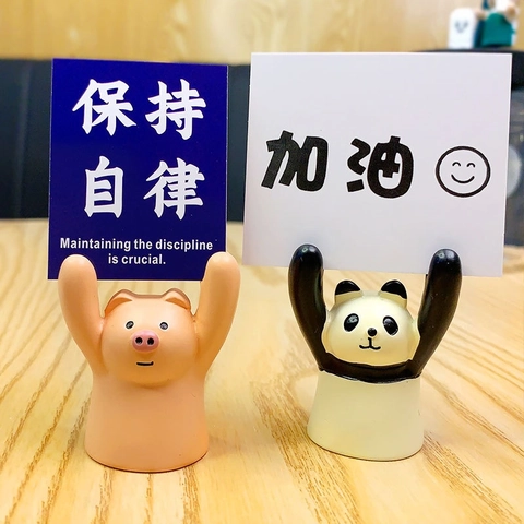 Cute Cartoon Animal Card Holder Resin Desktop Ornament Inspirational Memo Note Stand Panda Pig Frog Mini Figurine Decor