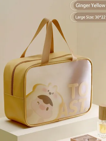 Cartoon Toast Druck Kosmetiktasche Wasserdicht PU Leder Transparentes Fenster Reise Make-up Wasch Aufbewahrungstasche Griff
