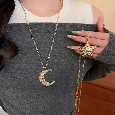 Gehamerde Ster En Maan Hanger Ketting Voor Dames Vintage Goud Legering Strass Hemelse Sieraden Lange Ketting