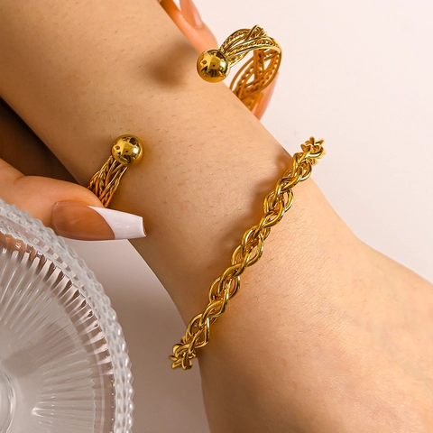 Vintage Woven Twisted Stainless Steel Open Cuff Bracelet Gold Plated Adjustable Bangle Jewelry For Women