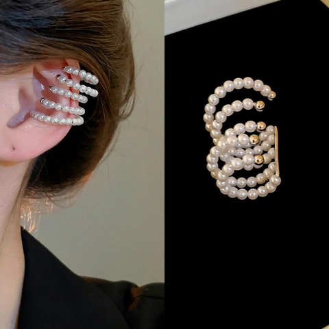 Stile Francese Multi-Strato Finta Perla Artificial Polsino Dell'Orecchio Orecchini A Clip Non Forati Per Le Donne Cerchio Geometrico Gioielli Di Moda