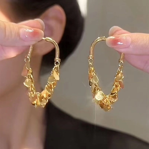Korean Style Metallic Leaf Tassel Hoop Earrings For Women Fashion Wheat Ear Dangle Earrings 925 Sterling Silver Post Jewelry Gift