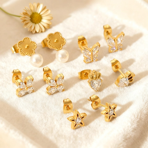 Minimalist Stainless Steel Butterfly Star Flower Stud Earrings For Women Zirconia Inlaid Jewelry Daily Commute Accessory