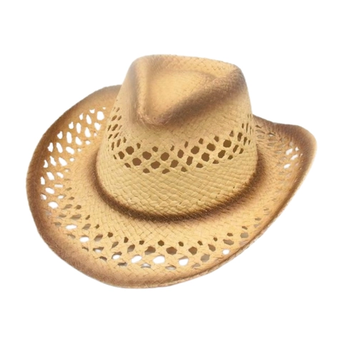 Western Cowboy Straw Hat Hollow Out Breathable Sun Protection Beach Vintage With Adjustable Chin Strap Tassel
