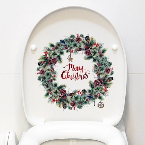 Christmas Wreath Stickers PVC Waterproof Removable Wall Door Window Toilet Seat Decoration Hand-Painted Pine Cone Berry