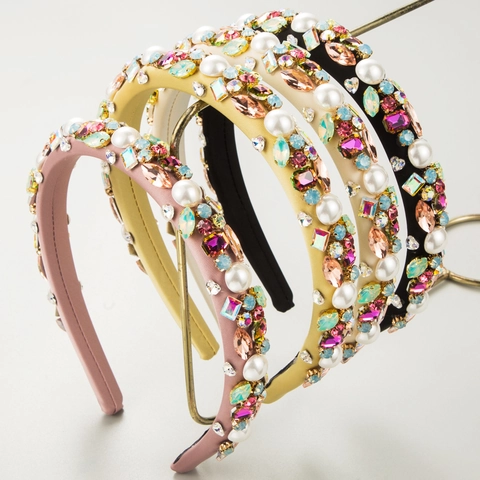 Baroque Rhinestone Headband Colorful Crystal Faux Artificial Pearl Padded Wide Fabric Hair Band Retro Elegant Hair Accessories Women