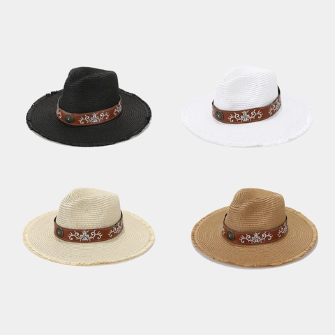 Women Vintage Straw Sun Hat Wide Brim Ethnic Embroidery Leather Band Turquoise Decor Raw Edge Summer Beach Panama Hat
