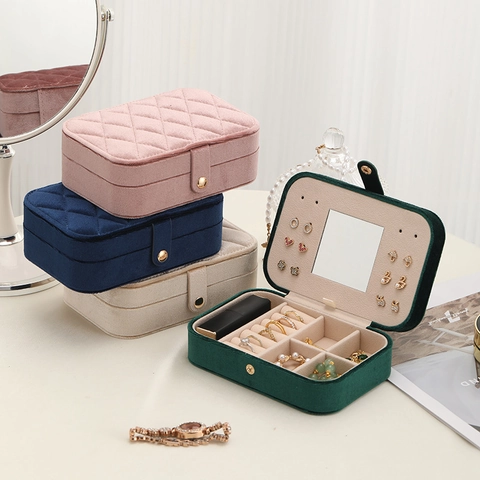 Portagioie In Velluto Organizzatore Custodia Da Viaggio Portatile Con Specchio Motivo A Diamante Trapuntato Per Anelli Orecchini Collane
