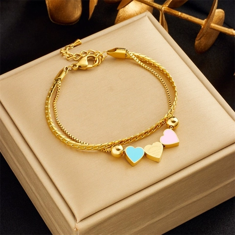 925 Sterling Silver Double Layer Bracelet Gold Plated Heart Pendants Blue Pink Enamel Snake Chain Jewelry For Women