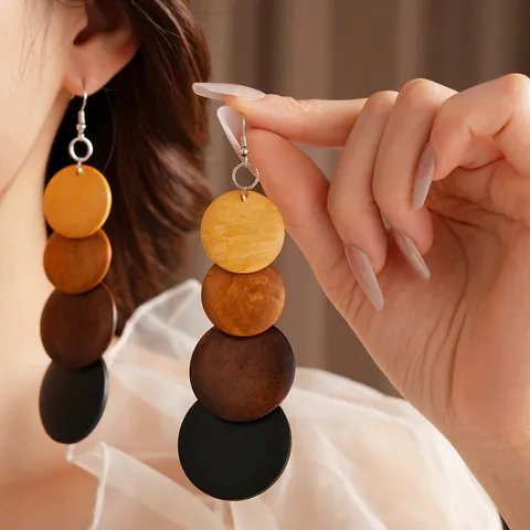 Pendientes Colgantes De Disco De Madera Bohemios Con Poste De Plata Capas Múltiples Degradado De Color Estilo Vintage Para Mujer