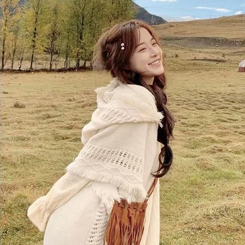 Poncho De Punto Con Capucha Para Mujer Con Borlas Cachemira Sintética Capa Bohemia Retro