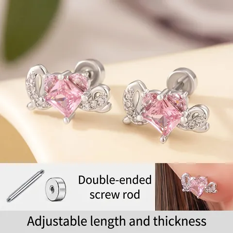 Pink Heart Zirconia Helix Piercing With Titanium Steel Earring Post Copper Wing Screw Back Stud Earrings For Women