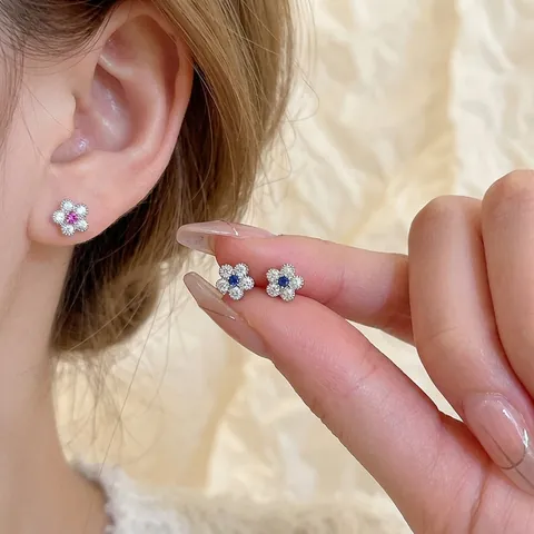 Elegant Flower Stud Earrings With Copper Zircon And Silver Earring Post Shiny Fashion Jewelry For Women Gift