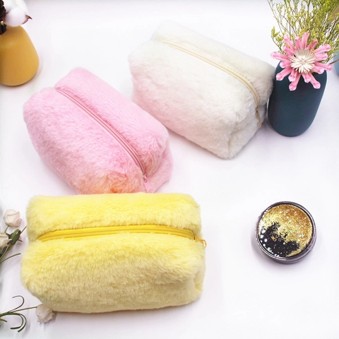 Beauty Case In Peluche Borsa Da Trucco In Morbida Pelliccia Sintetica Astuccio Per Matite Con Cerniera Tinta Unita Portatile