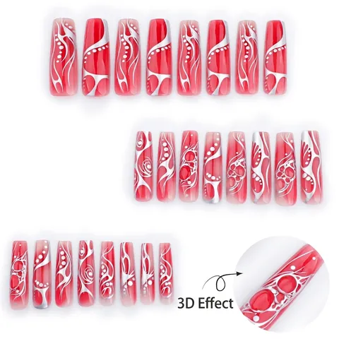 Uñas Postizas A Presión Degradado Rojo Sombreado Rayas Abstractas Plateadas Metálicas Larga Forma Ataúd Decoración