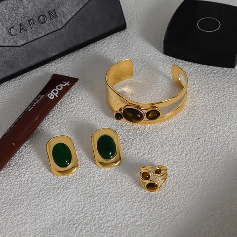 Collana Orecchini Bracciale Anello Acciaio Inossidabile Occhio Di Tigre Pietra Preziosa Verde Impermeabile Vintage Donna