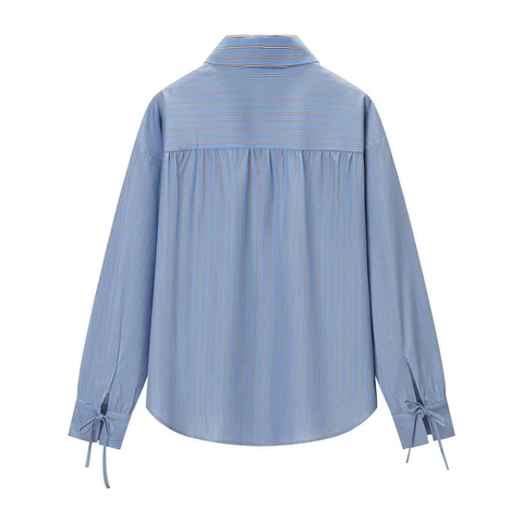 Gestreifte Langarmbluse Mit Schluppe Polyester Gewebtes Lässiges Bürohemd Für Damen Elegante Blaue Oberteile