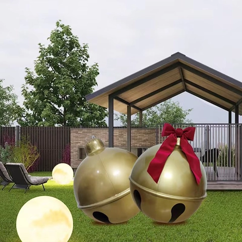 Natale Campana Gonfiabile Gigante Decorazione Esterna PVC Oro Metallico Palloncino Con Ornamento Fiocco Rosso