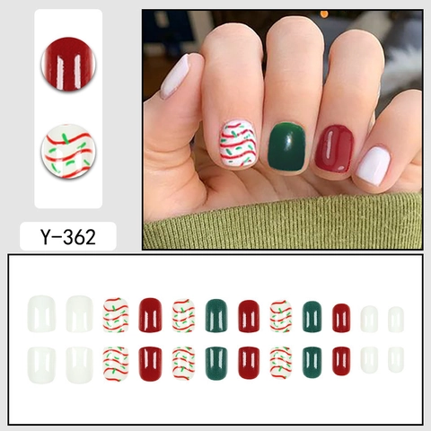 Christmas Press On Nails Short Square Round False Nails White Red Green Cartoon Ribbon Pattern Manicure Decor