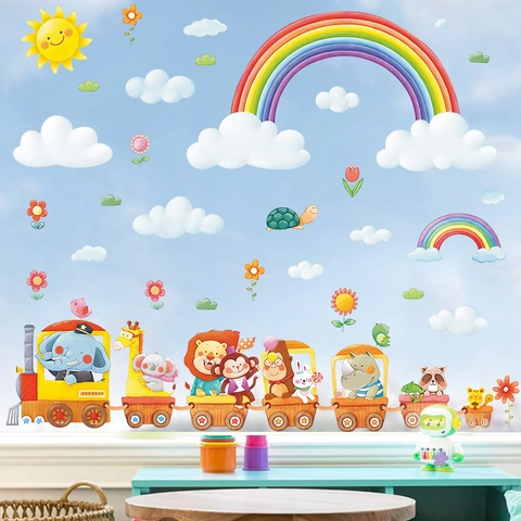 Adesivi Murali Trenino Animali Arcobaleno PVC Autoadesivo Impermeabile Per Decorazione Cameretta Bambini Acquerello