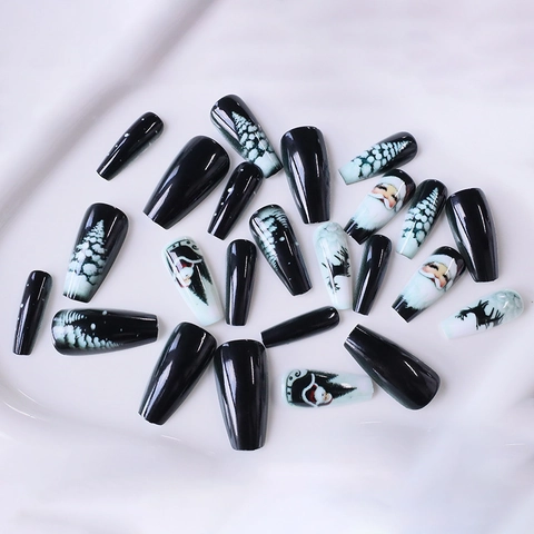 Christmas Press On Nails Long Coffin Ballerina Shape ABS Artificial Fake Fingernails Santa Claus Reindeer Tree Festive