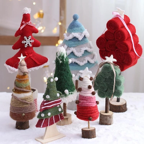 Mini Sapin De Noël En Feutre De Laine Fait À La Main Décoration De Bureau Avec Socle En Bois Style Nordique