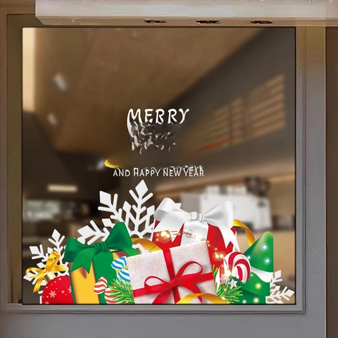 Christmas Window Stickers Static Cling Merry Christmas PVC Gift Box Snowflake Double Sided Glass Door Shop Decor