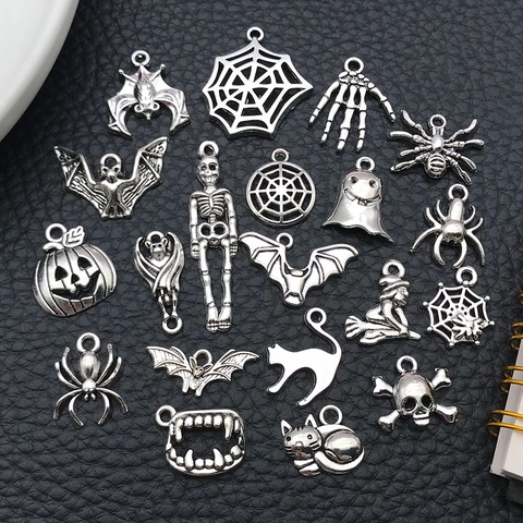 Dijes Halloween Aleación Zinc Calavera Murciélago Calabaza Araña Fantasma Para Fabricación Joyas DIY Accesorios Estilo Antiguo
