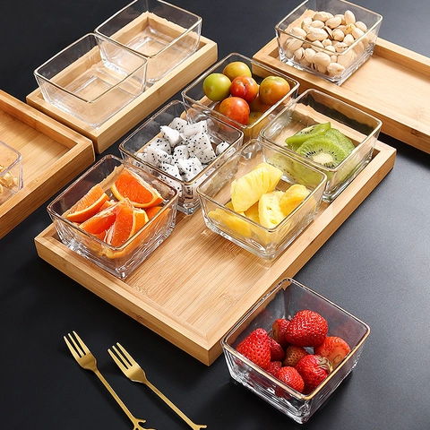 Nordic Square Glass Fruit Snack Divided Platter With Wood Tray Gold Rim Appetizer Serving Bowls Modern Home