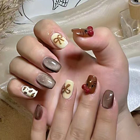 Press On Nails ABS Braun Caramel Katzenauge Effekt Mit 3D Schleife Und Leopard Muster Süßer Vintage Stil Für Damen
