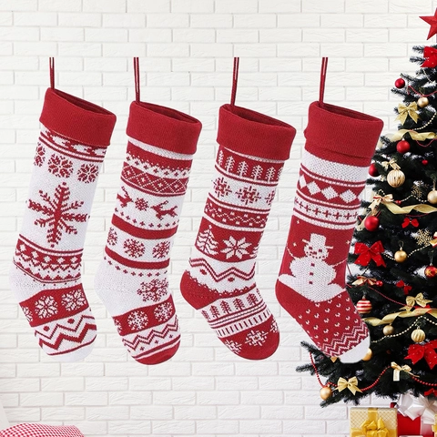 Calze Di Natale In Maglia Rosso Bianco Fiocco Di Neve Renna Albero Motivo Appeso Sacchetto Regalo Decorazioni Per Feste