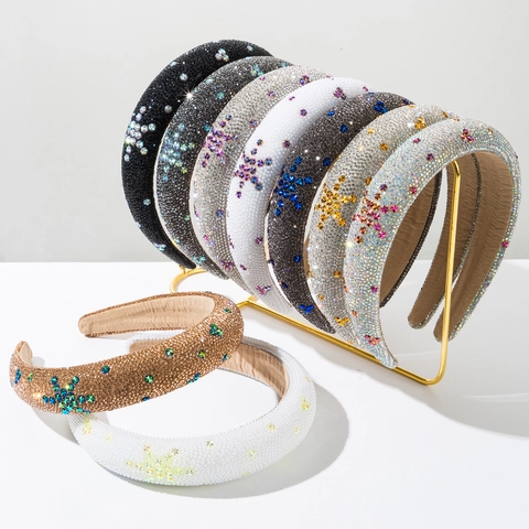 Diadema Barroca de Esponja Acolchada con Strass para Mujer Moda Incrustada Brillante Aro de Pelo Patrón de Estrella Accesorio