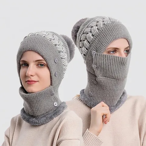 Cagoule Tricotée Intégrée Pour Femmes Chapeau Écharpe Hiver Chaud Doublé De Polaire Coupe-vent Protection Visage Oreilles Pompon