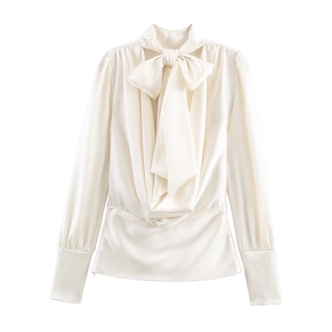 Elegant Women Satin Blouse Long Sleeve Bow Tie Backless Pleated Waist Solid Color Fashion Top