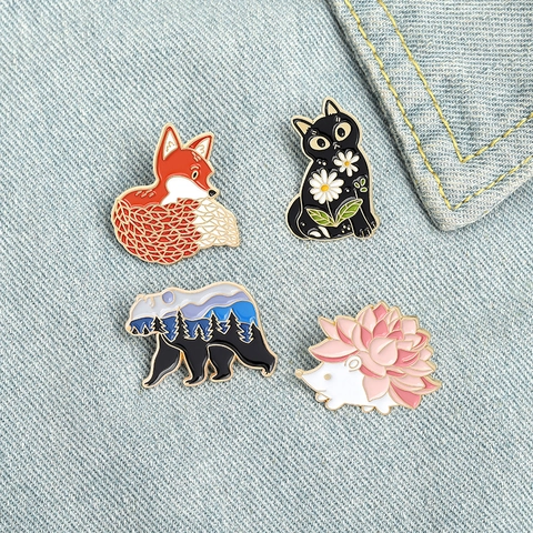 Broche Pin En Émail Animal Dessin Animé Alliage Renard Chat Hérisson Ours Design Décoration Sac À Dos Vêtements Bijoux Accessoire