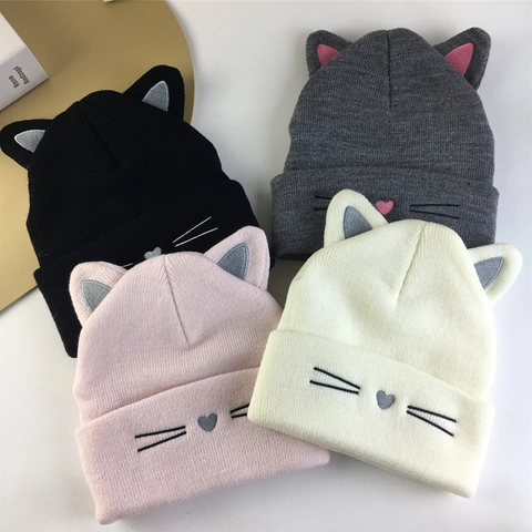Cute Cat Ear Knit Beanie Hat Warm Winter Acrylic Cap With Whiskers Embroidery For Women