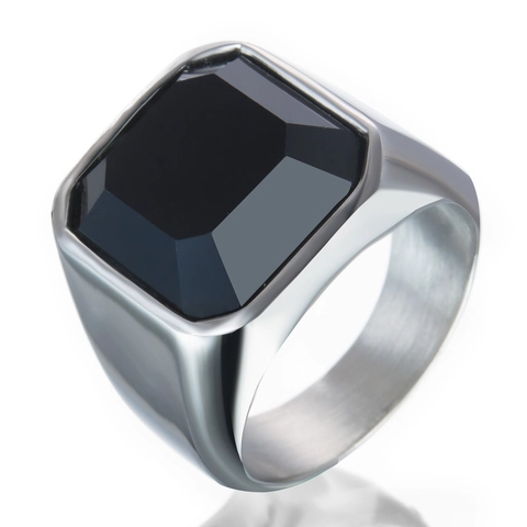 Men Ring Silver Color Alloy Square Faceted Black Stone Signet Ring Minimalist Jewelry For Male