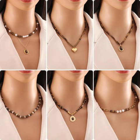 Stainless Steel Necklace With Tiger Eye Stone Heart Pendant Double Layer Beaded Gold Jewelry For Women Maillard Style