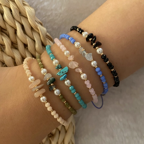 Bohemian Natural Stone Woven Bracelet With Artificial Pearl Crystal Beads And Adjustable Rope Fashion Jewelry For Women Gift