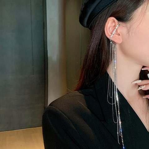 Ear Cuff De Borla Larga Aleación Diamante Imitación Perla Artificial Con Poste De Pendiente De Plata Esterlina 925 Para Mujer