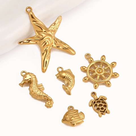 Ocean Series Charms 304 Stainless Steel Starfish Seahorse Turtle Fish Rudder Pendants For DIY Jewelry Making Nautical