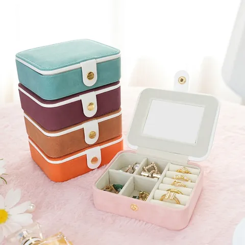 Portable Mini Jewelry Box Suede PU Leather With Mirror Removable Divider Travel Case For Earrings Rings Jewelry Storage