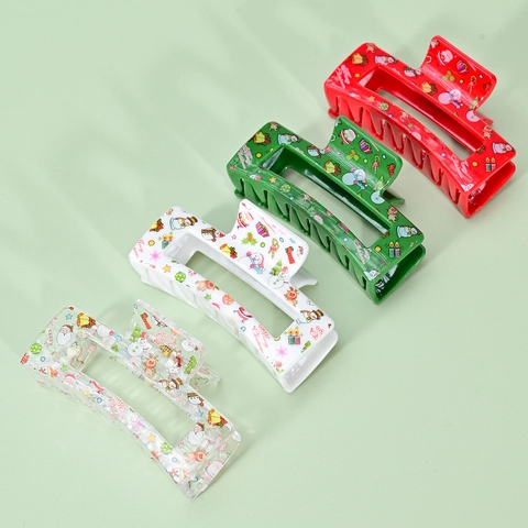Christmas Hair Claw Clips Acrylic Plastic Printed Festive Santa Snowman Reindeer Pattern Holiday Hair Accessories