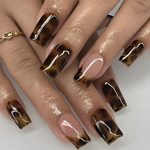 Brown Amber Tortoiseshell Press On Nails Vintage French Tip Glossy Artificial False Nails For Women Short Square